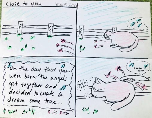 4 panel comic panning across towards a cat on a lawn with fur flying off of her and someone singing lyrics from The Carpenters \