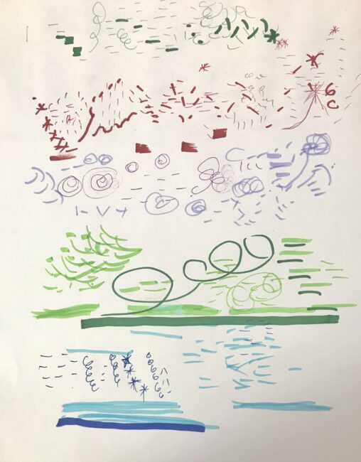 random drawing in red blue green lavender marker and pen