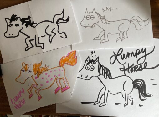 image with four hand drawn cartoon horses, labelled \